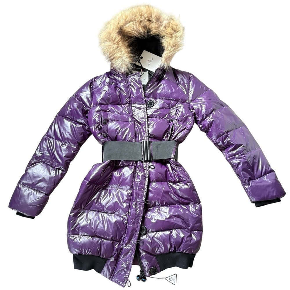 Shiny Purple Metallic Puffer Parka Jacket with Faux Fur Hood with Belt